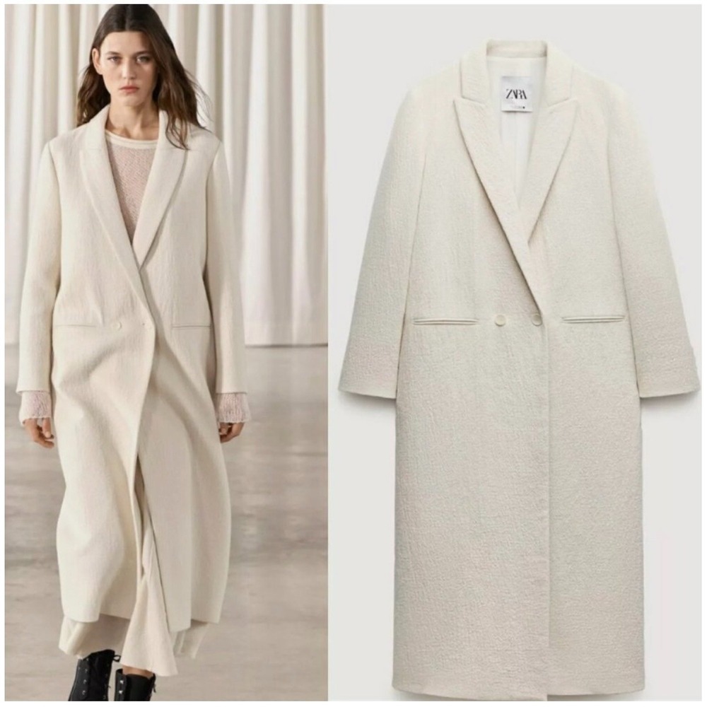 Zara Minimalist Wool Blend Coat ZW Collection 2 Button Ecru Cream Women's S NWT